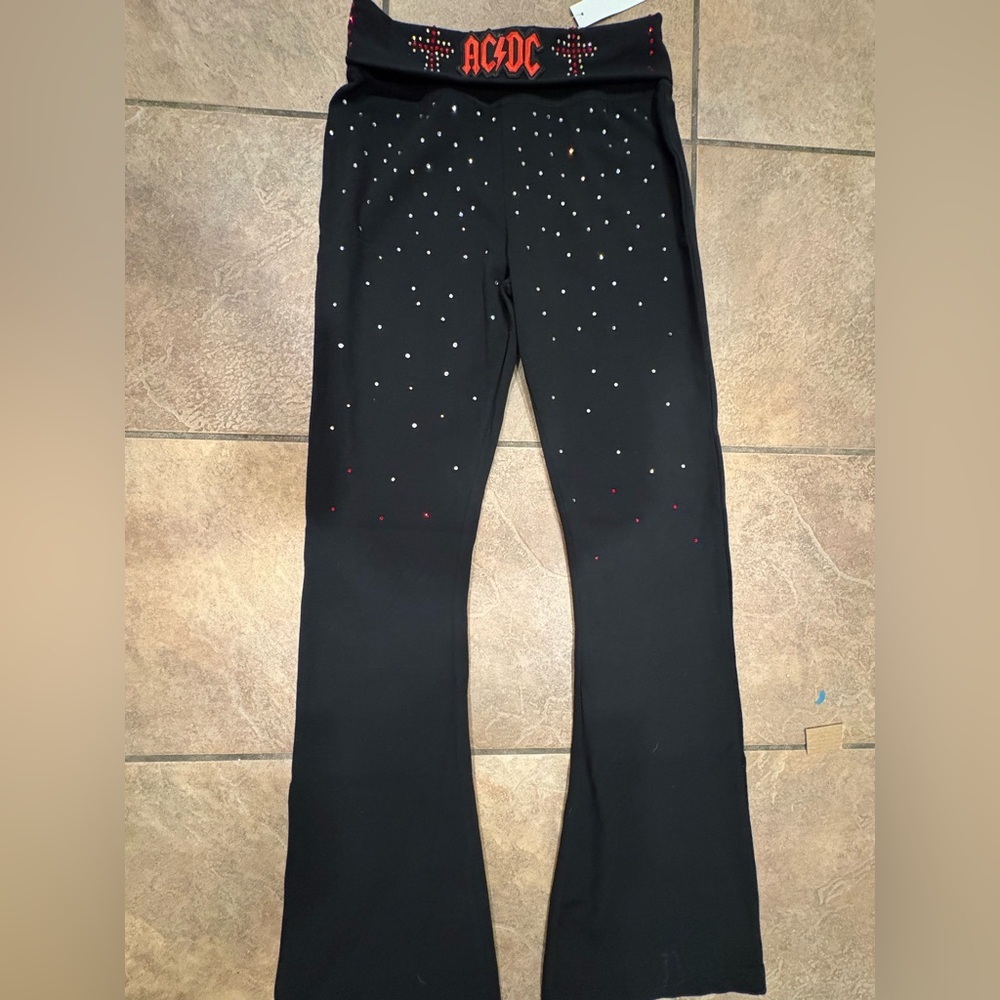 Black Flared Pants Ac/Dc Leggings with Rhinestone Detailing - Picture 6 of 8